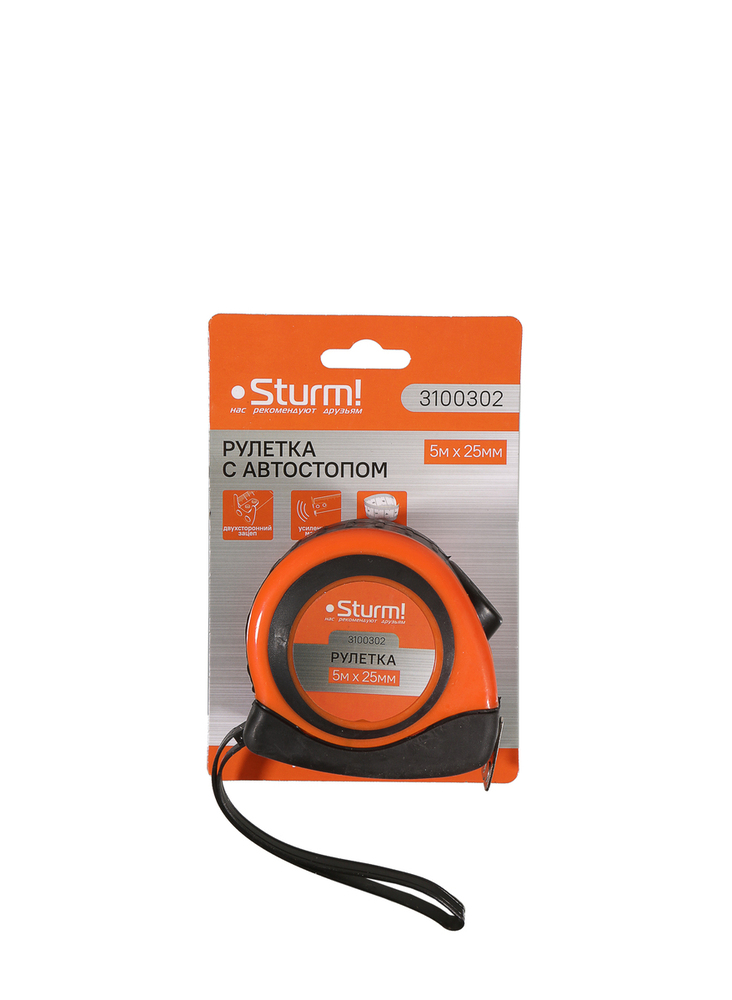 Рулетка 5x25мм, автостоп, двухсторонняя шкала, магнит на зацепе, Sturm!