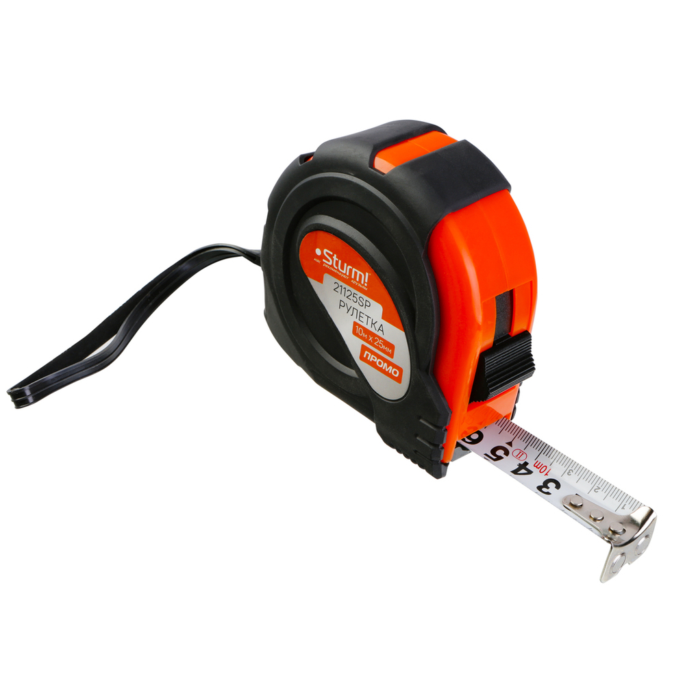 Рулетка 10x25мм, обрезиненная, магнит на зацепе, Sturm!