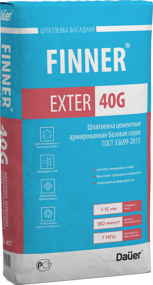 FINNER EXTER 40 G Шпатлевка цементная армированная базовая серая 25 кг