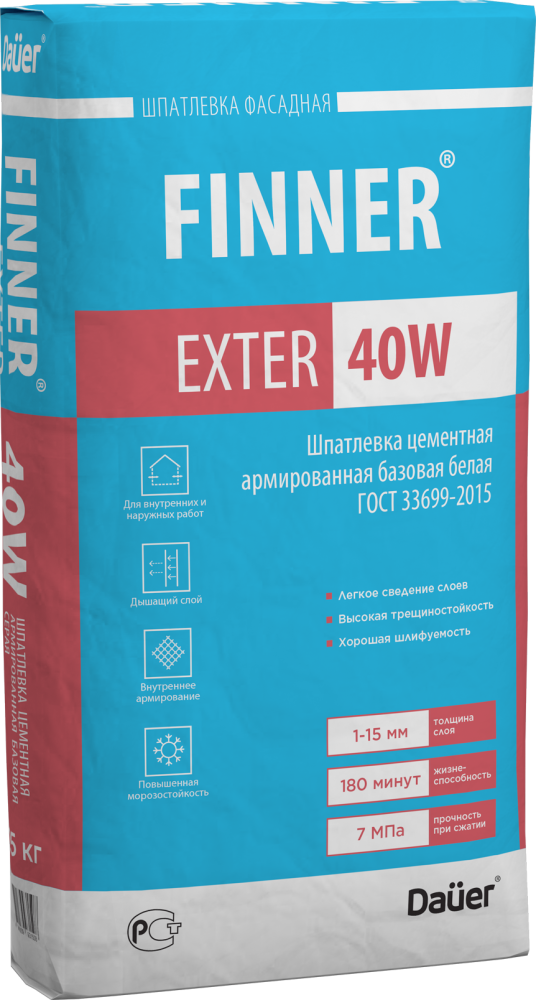 FINNER EXTER 40 W Шпатлевка цементная армированная базовая белая 25 кг