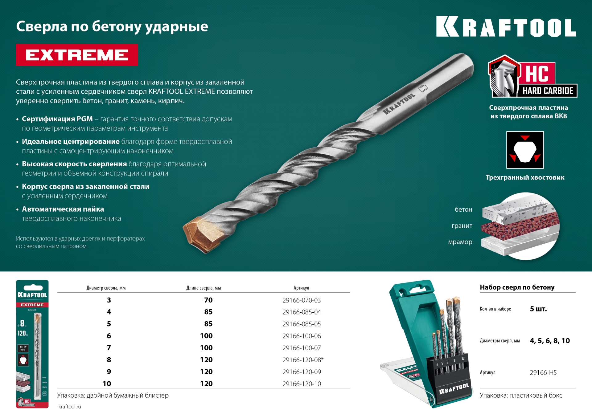 KRAFTOOL EXTREME 10 х 120 сверло по бетону, 3-х гранный хвостовик