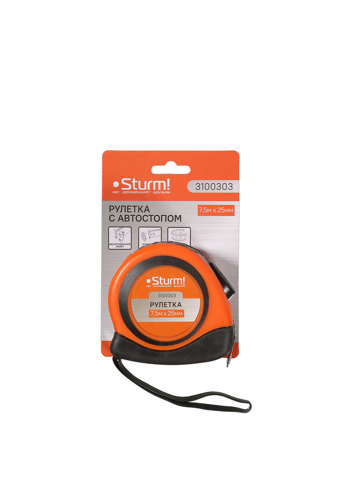 Рулетка 7,5x25мм, автостоп, двухсторонняя шкала, магнит на зацепе, Sturm!