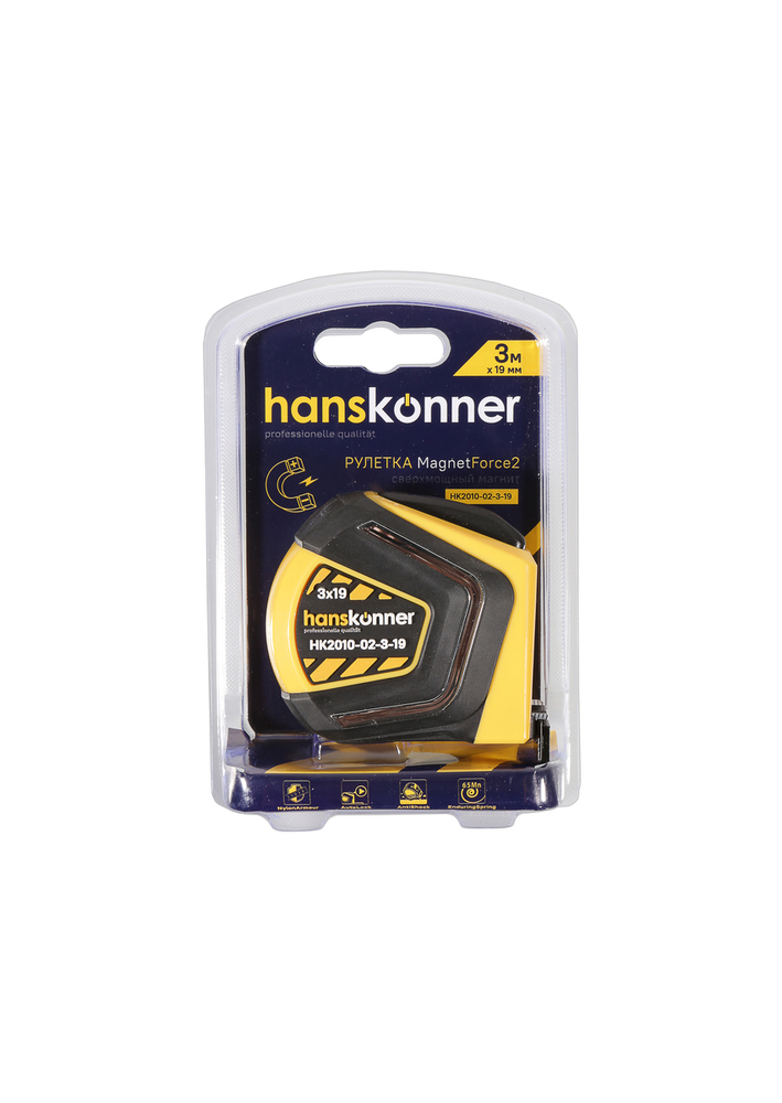 Рулетка 3x19мм, автостоп, двухстор., нейлон, супермощный магнит, Hanskonner