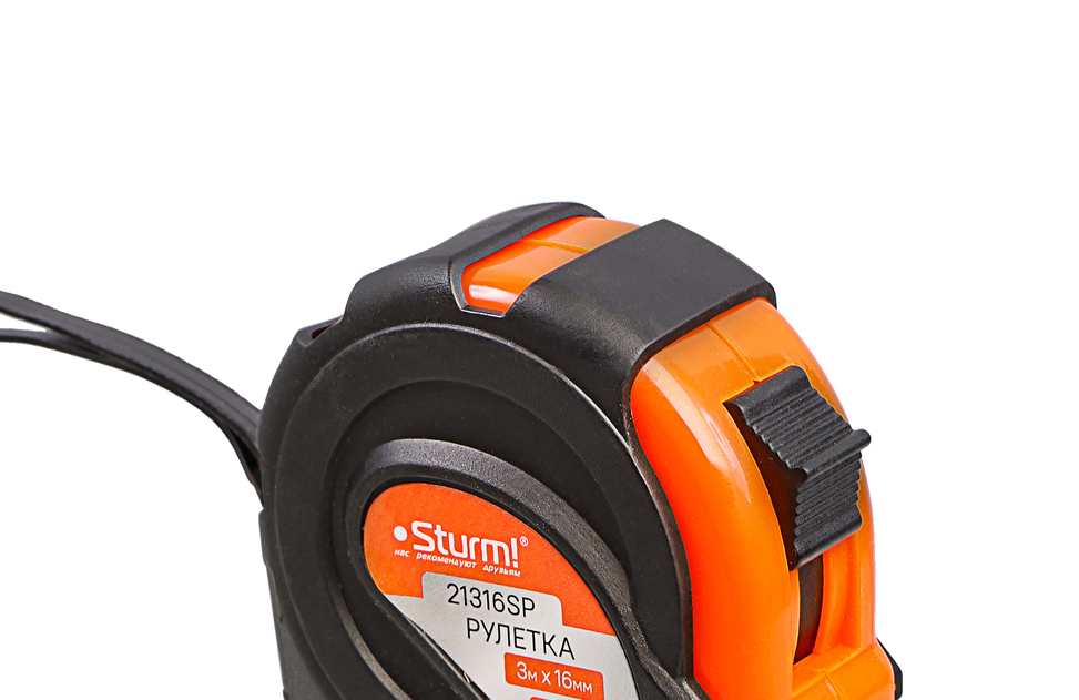 Рулетка 3x16мм, обрезиненная, магнит на зацепе, Sturm!