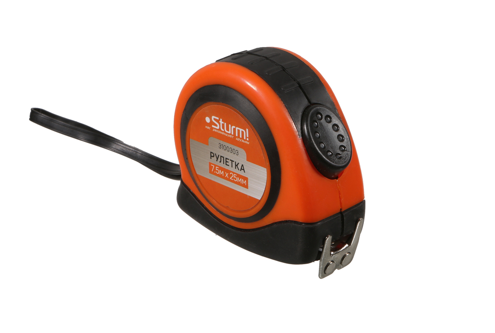 Рулетка 7,5x25мм, автостоп, двухсторонняя шкала, магнит на зацепе, Sturm!
