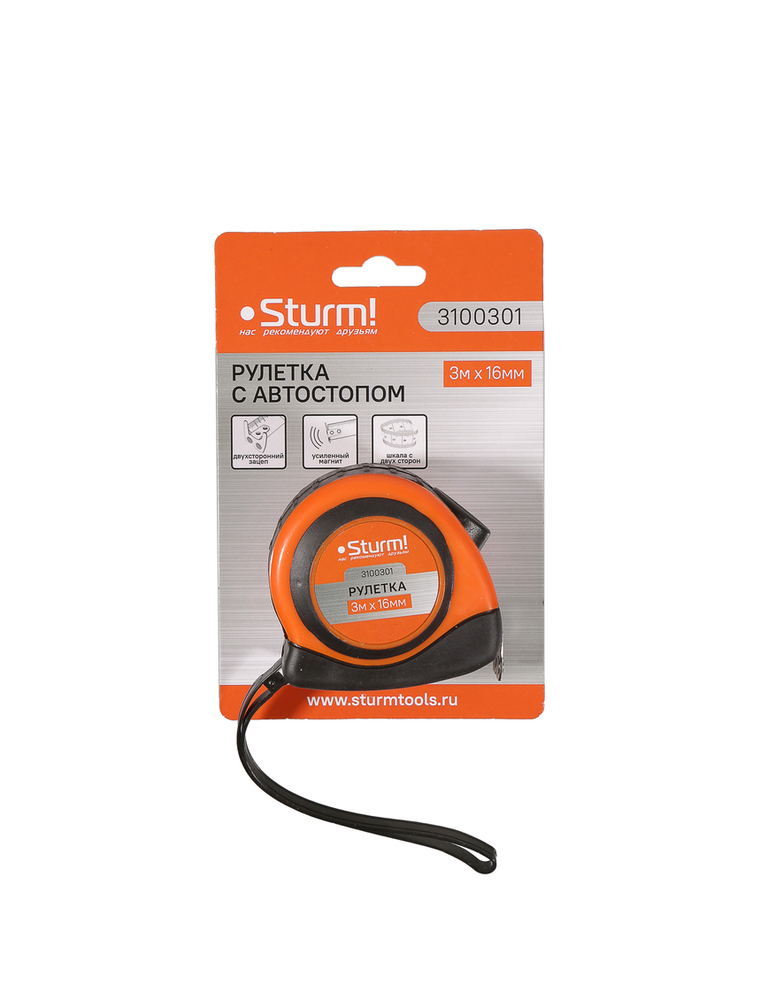 Рулетка 3x16мм, автостоп, двухсторонняя шкала, магнит на зацепе, Sturm!