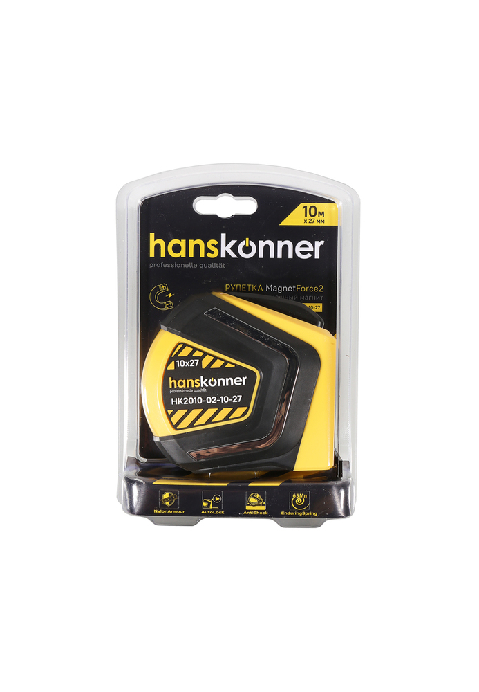 Рулетка 10x27мм, автостоп, двухстор., нейлон, супермощный магнит, Hanskonner