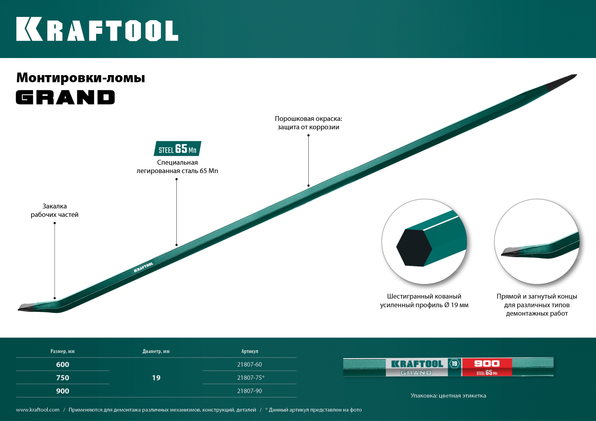 KRAFTOOL 600 мм, 19 мм, Монтажный лом (21807-60)