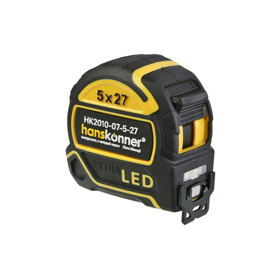 Рулетка 5x27мм, двухстор., нейлон, супермощный магнит, LED фонарь, hanskonner