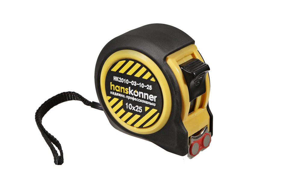 Рулетка 10x25мм, 2 стопа, компактный корпус, мощный магнит, Hanskonner