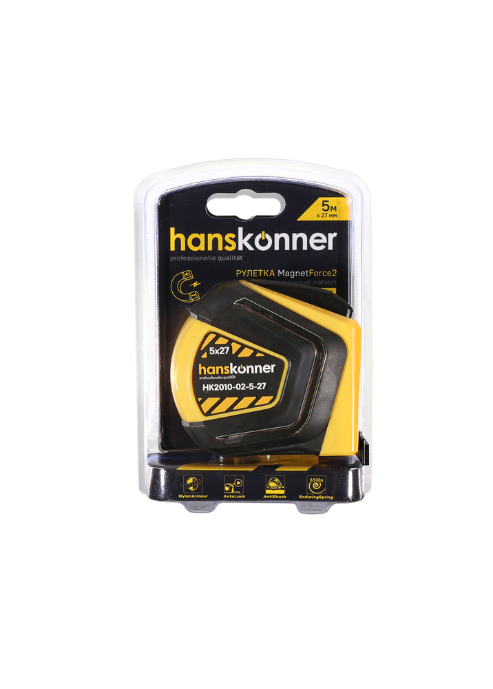 Рулетка 5x27мм, автостоп, двухстор., нейлон, супермощный магнит, Hanskonner