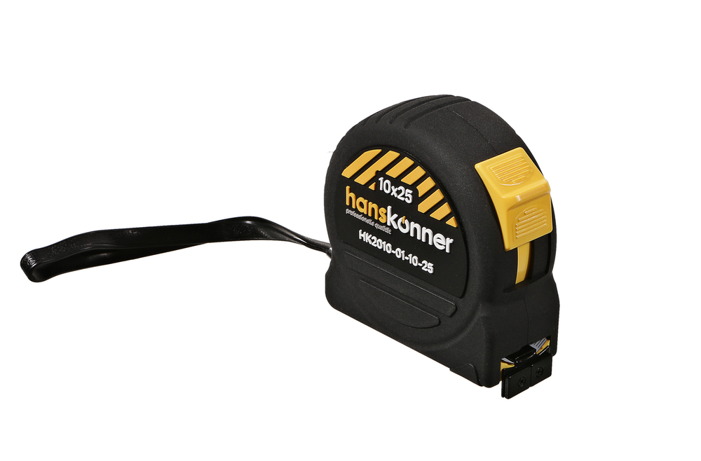 Рулетка 10x25мм, 2 стопа, корпус SoftTouch, супермощный магнит, Hanskonner