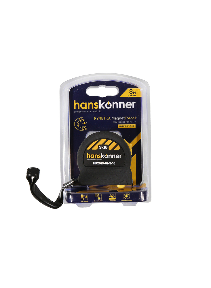 Рулетка 3x16мм, 2 стопа, корпус SoftTouch, супермощный магнит, Hanskonner