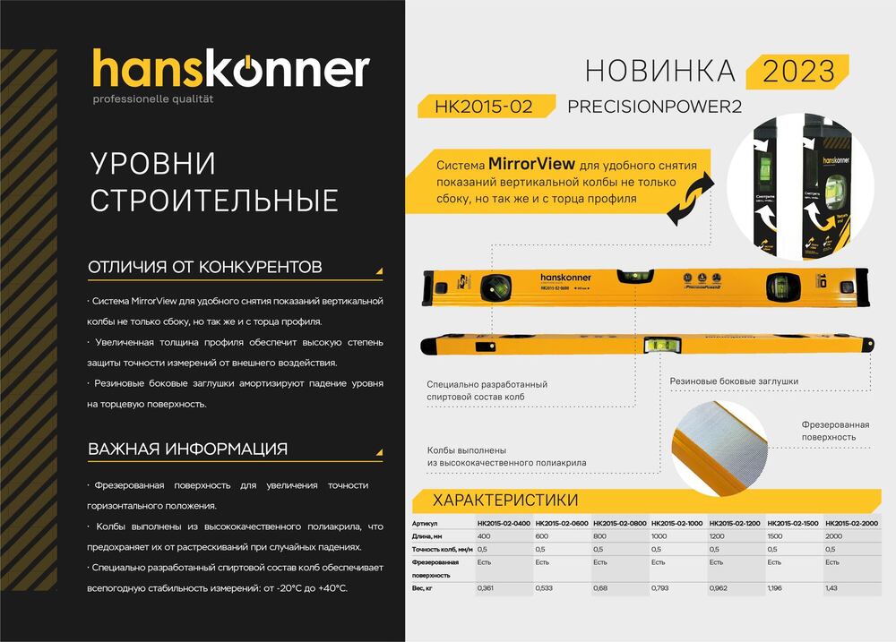 Уровень 600 мм, фрезеров., 3 глазка (1 зеркальн.), точн. 0.5мм/м, Hanskonner