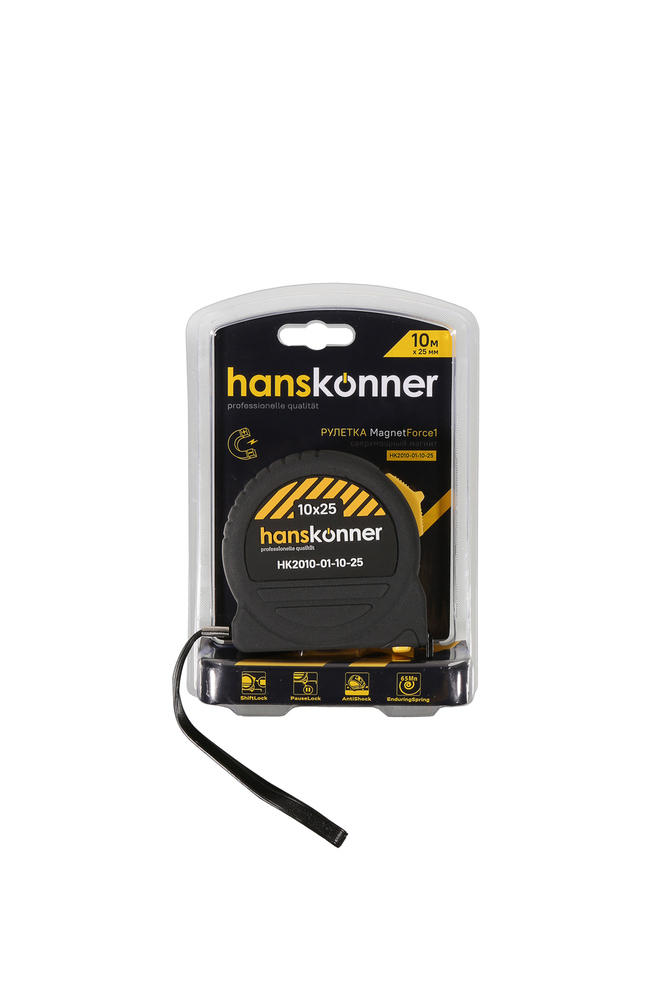 Рулетка 10x25мм, 2 стопа, корпус SoftTouch, супермощный магнит, Hanskonner