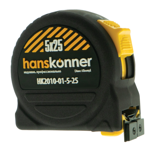 Рулетка 5x25мм, 2 стопа, корпус SoftTouch, супермощный магнит, Hanskonner