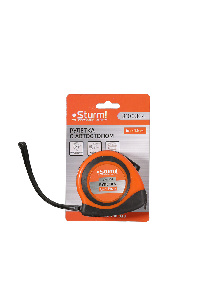 Рулетка 5x19мм, автостоп, двухсторонняя шкала, магнит на зацепе, Sturm!