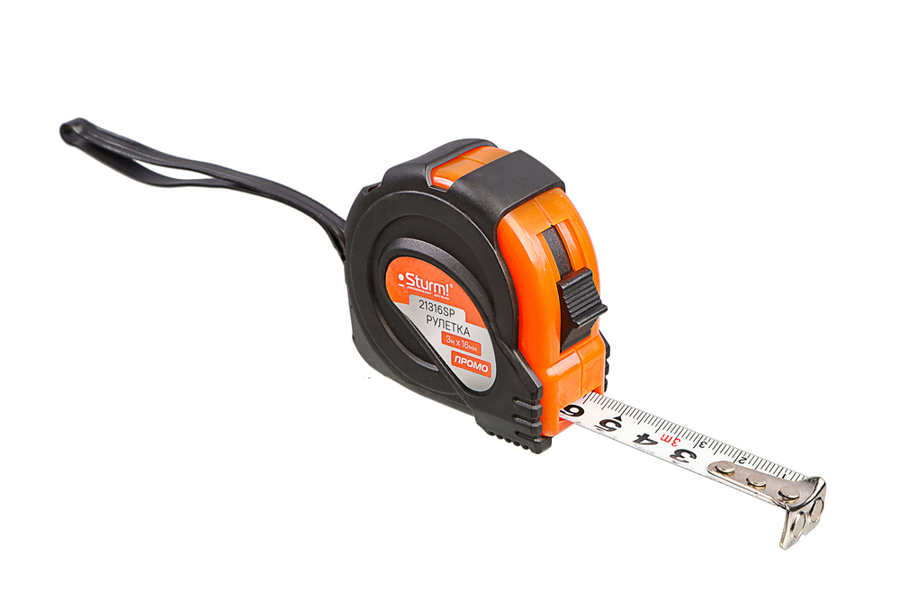 Рулетка 3x16мм, обрезиненная, магнит на зацепе, Sturm!