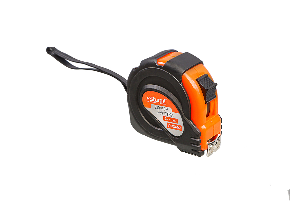 Рулетка 3x16мм, обрезиненная, магнит на зацепе, Sturm!