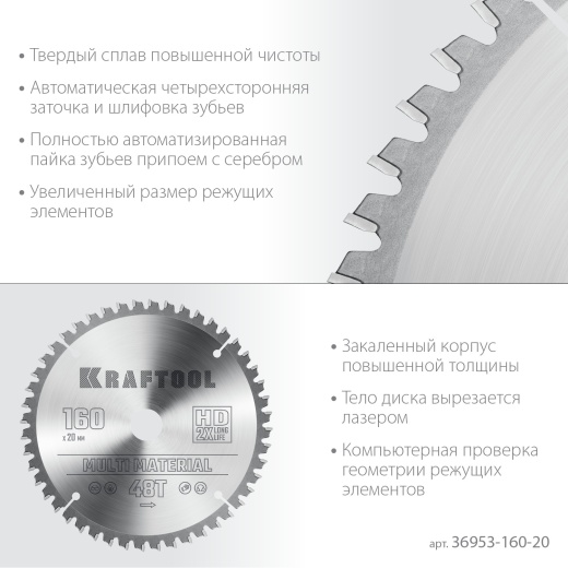 KRAFTOOL Multi Material 160х20мм 48Т, диск пильный